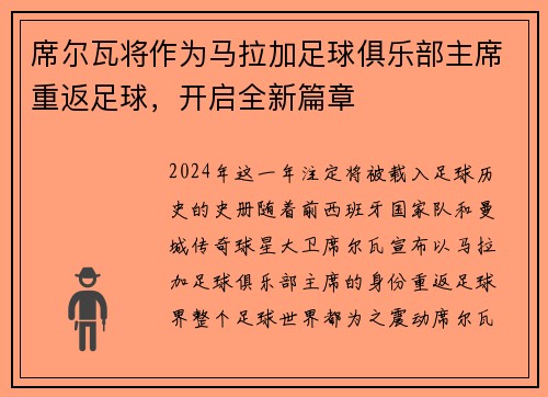 席尔瓦将作为马拉加足球俱乐部主席重返足球，开启全新篇章