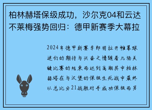 柏林赫塔保级成功，沙尔克04和云达不莱梅强势回归：德甲新赛季大幕拉开