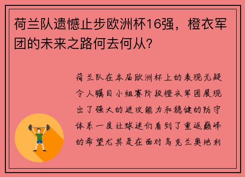 荷兰队遗憾止步欧洲杯16强，橙衣军团的未来之路何去何从？