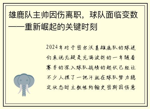 雄鹿队主帅因伤离职，球队面临变数——重新崛起的关键时刻