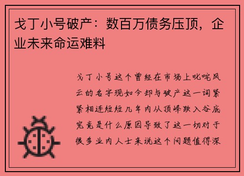 戈丁小号破产：数百万债务压顶，企业未来命运难料